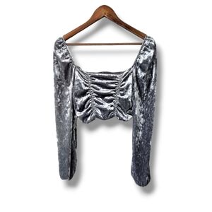 Divided Draped Crushed Velvet Square Neck Long Sleeve Crop Top | Medium